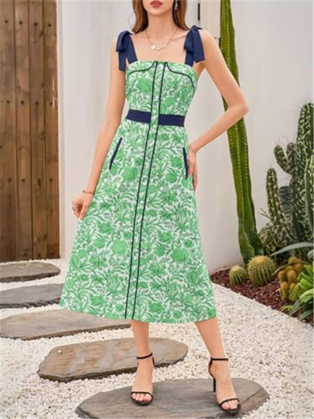 Women's Summer Floral Midi Dress Casual Tie Strap Sleeveless Boho Dress - Picture 5 of 5
